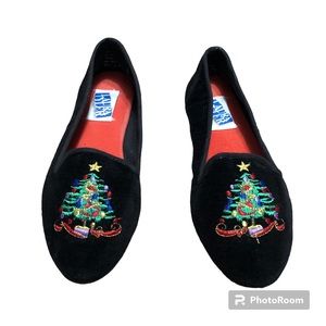 Vintage Embroidered Christmas Tree Loafers Black Velvet 7.5